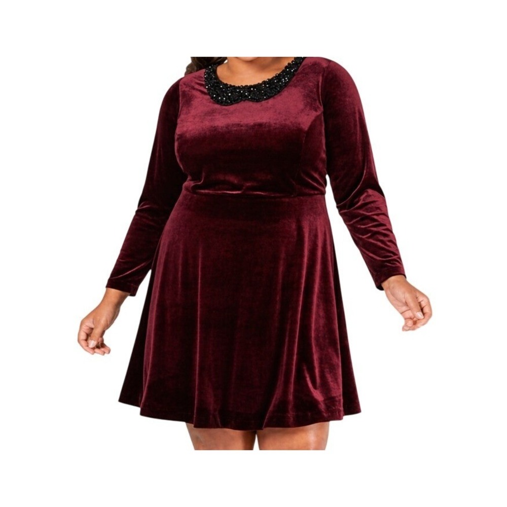 Betsey Johnson Womens 22W Wine Velvet Beaded Collar Long Sleeve Dress NWT